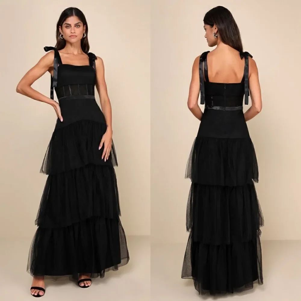 Lulus NWT Enticing Mystique Tulle Tie-Strap Tiered Maxi Dress in Black Large